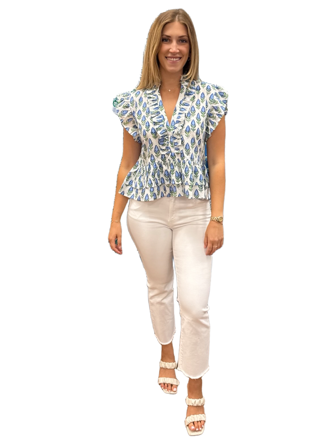 The Bella Ruffle Top in Blue Tulip Hand Block Printed Cotton