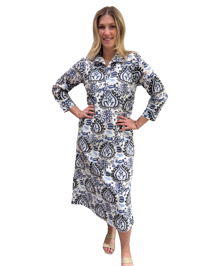 The Lisette Cotton Dress in Abstract Blue — view 3