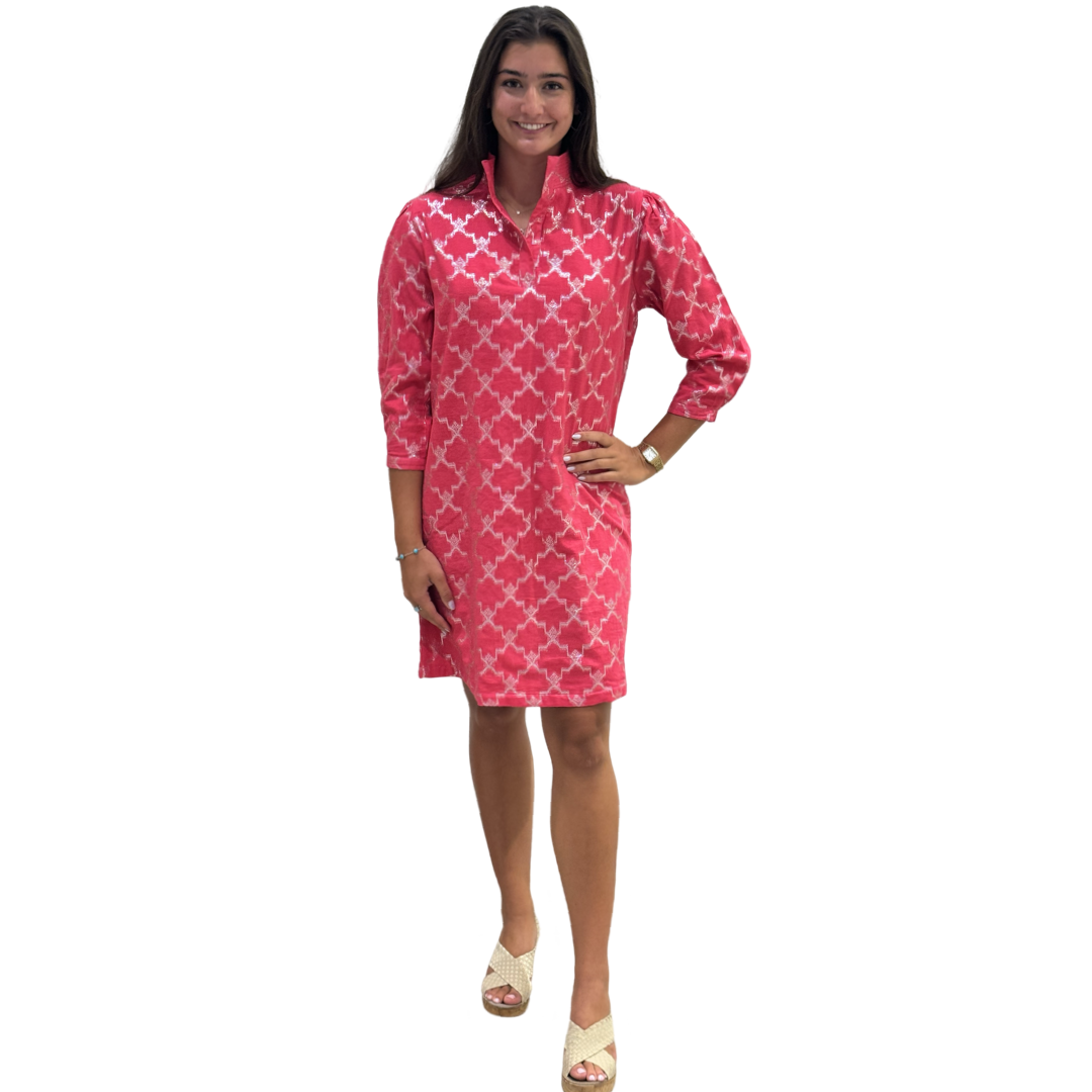 The Shipley Stand-Up Collar Dress in Hot Pink and Silver — view 6
