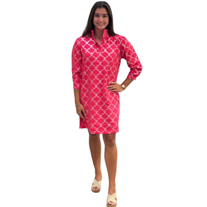 The Shipley Stand-Up Collar Dress in Hot Pink and Silver — view 6