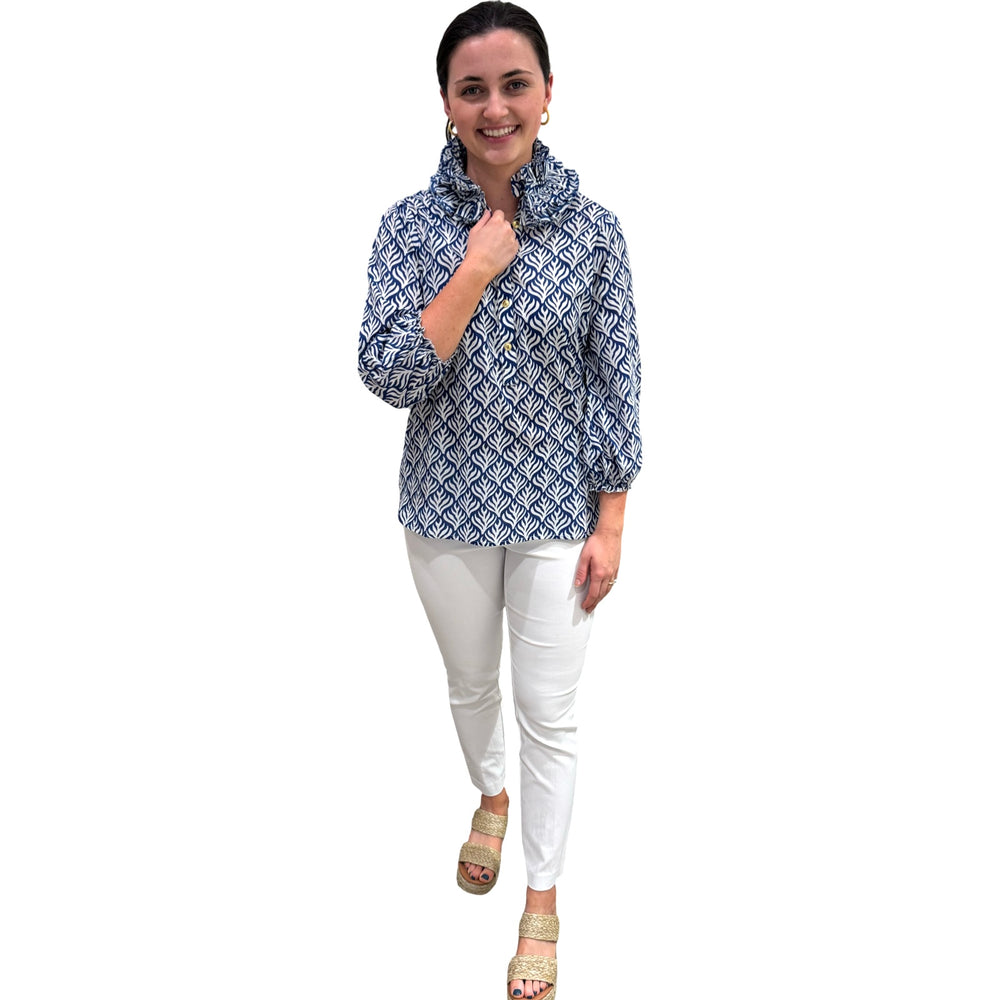 The Maria Ruffle Neck Blouse in Blue and White — view 2