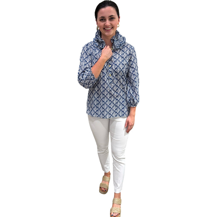 The Maria Ruffle Neck Blouse in Blue and White — view 2