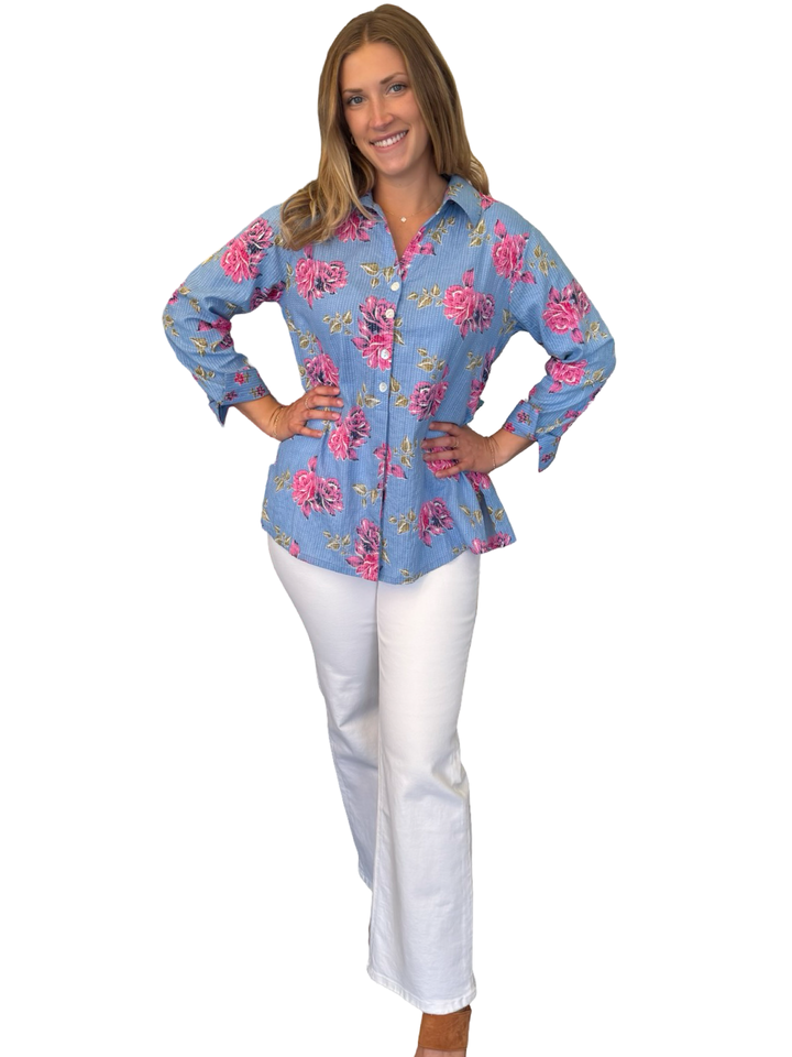 The Mason Button Front Top in Cornflower Blue Pink Floral