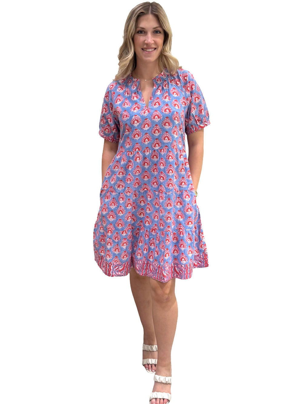 The Dahlia Smocked Neck  Hand Block Printed Cotton Dress in Blue Red — view 2
