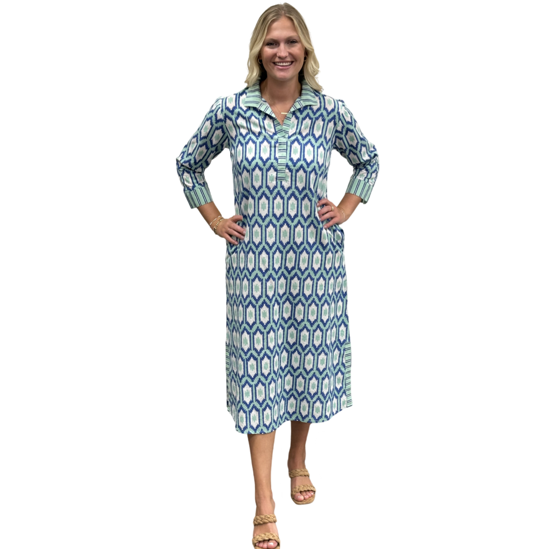 The Lisette Dress in Green and Blue Ikat