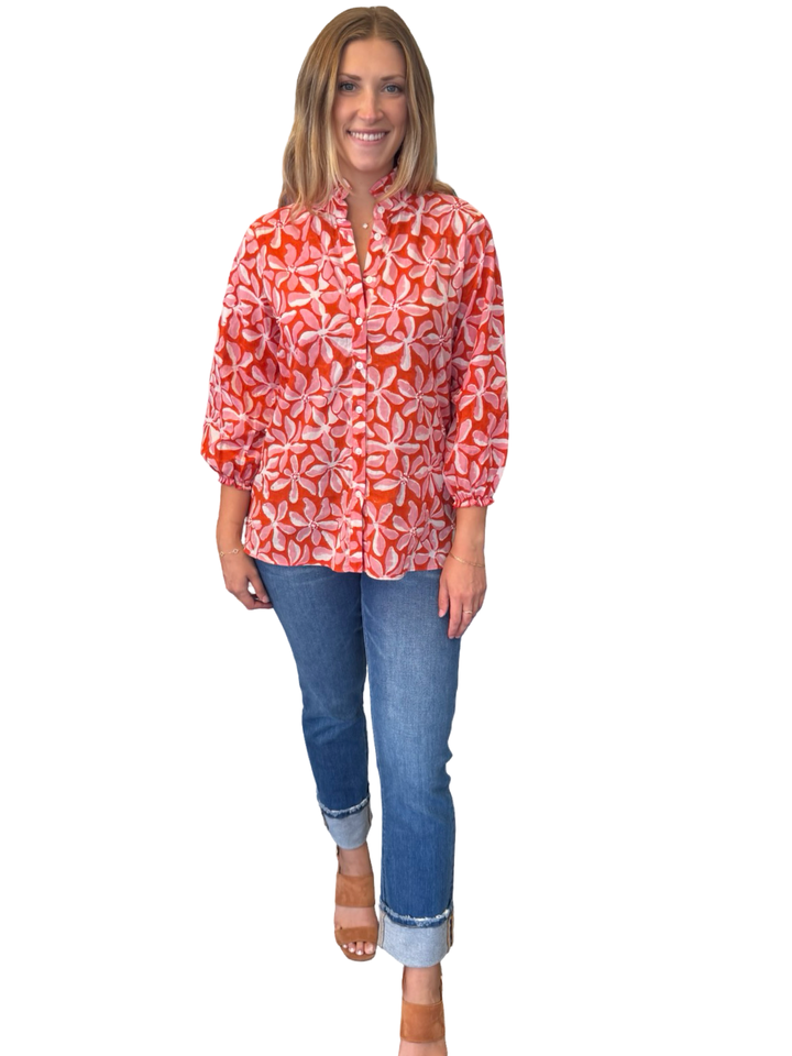 The Tricia Shirt in Red Pink Floral with Bead Detailing