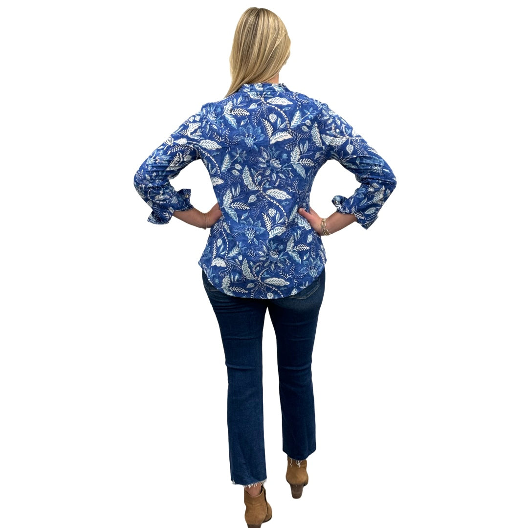 The Avery Cotton Hand Block Printed Top in Brilliant Blue Floral — view 7