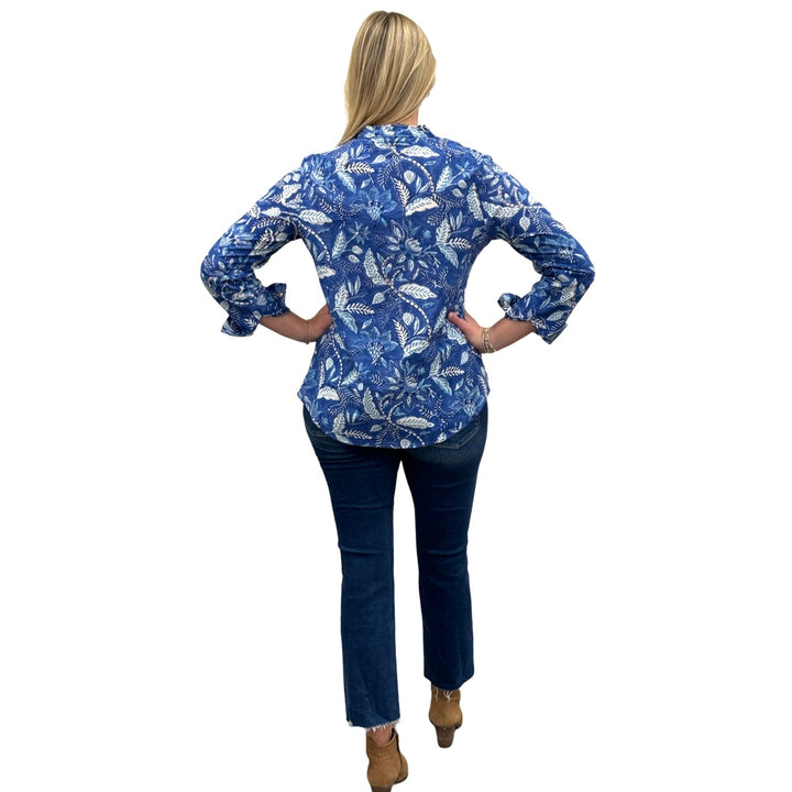 The Avery Cotton Hand Block Printed Top in Brilliant Blue Floral — view 7