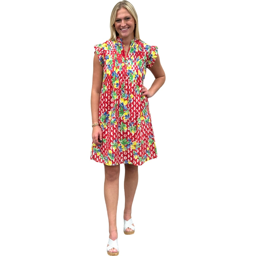 The Maggie Flutter Sleeve Dress in Red Floral Geometric