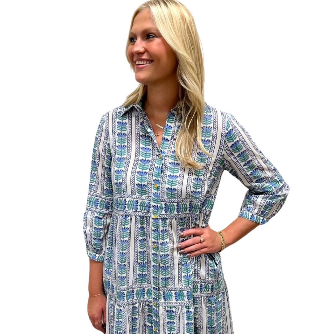 The Marilyn Cotton Button Front Blue Border Block Print Dress — view 8