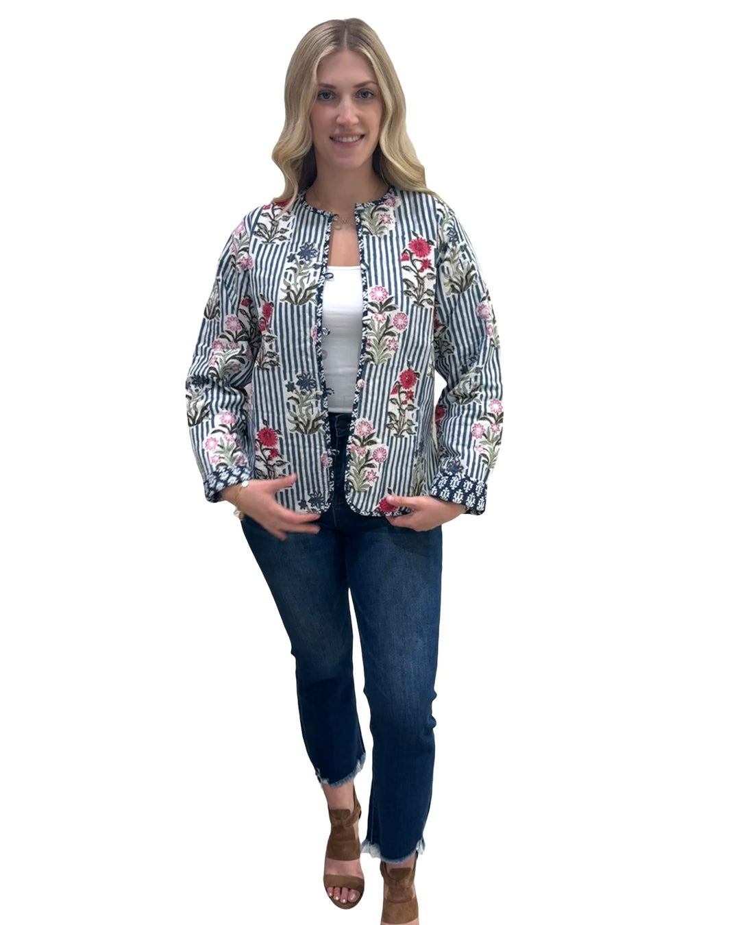 The Madeline Reversible Hand Block Printed Jacket in Blue Striped Floral — view 3