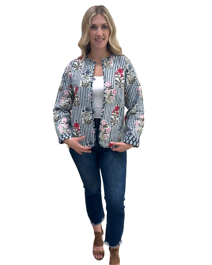 The Madeline Reversible Hand Block Printed Jacket in Blue Striped Floral — view 3
