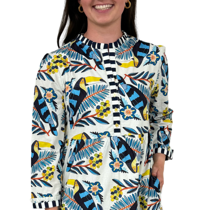 The Penny Toucan Print Midi Dress with Striped Trim — view 7