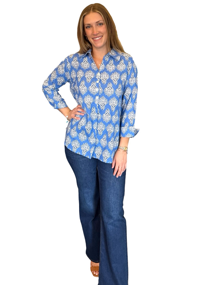 The Mason Button Back Top in Royal Blue Cotton Print
