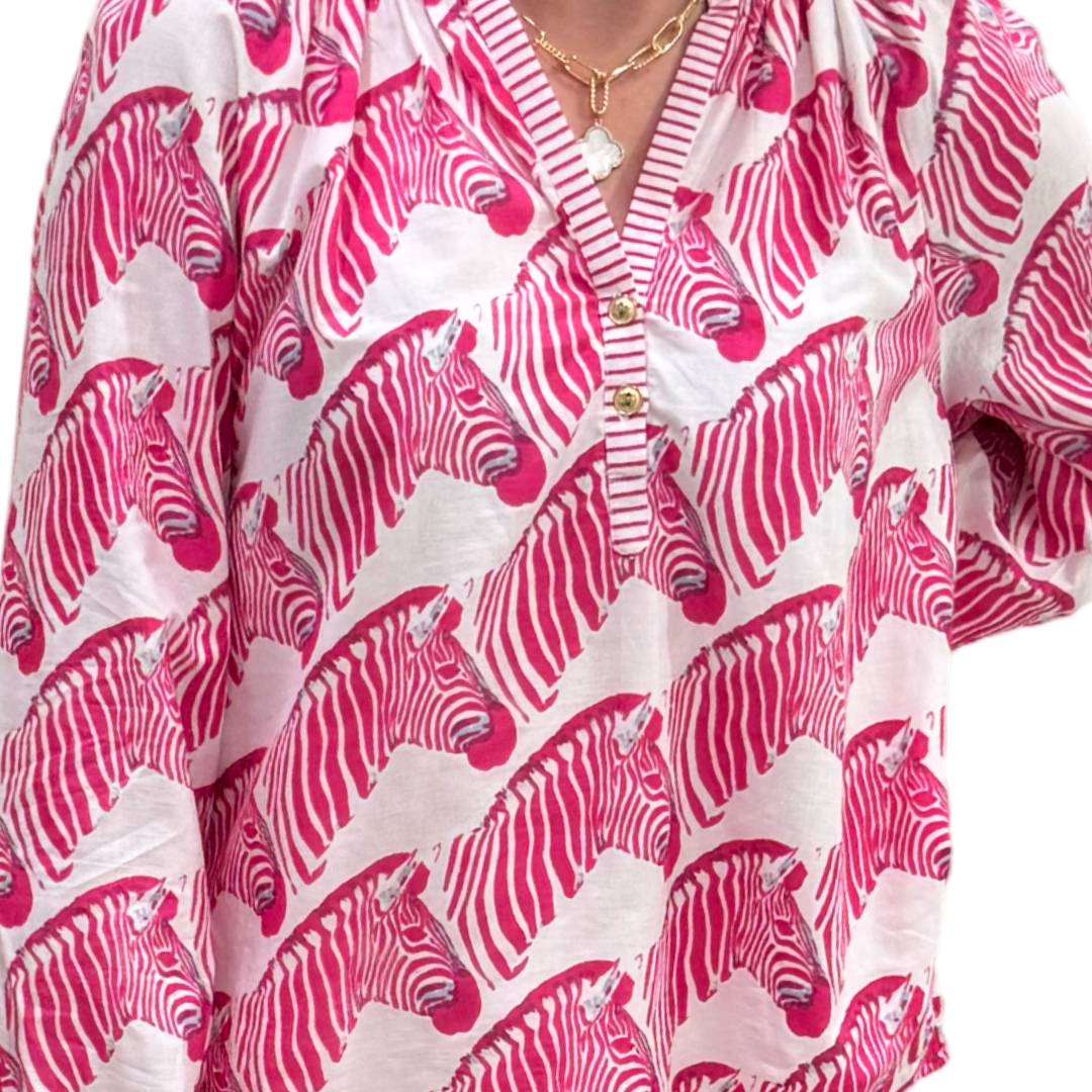 The Chandler Striped Trim Cotton Top in Pink Zebra — view 5