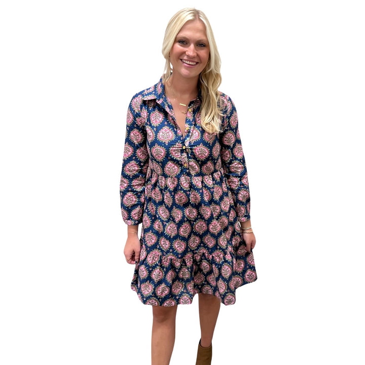 The Kalie Floral Block Print Dress in Blue and Pink — view 5