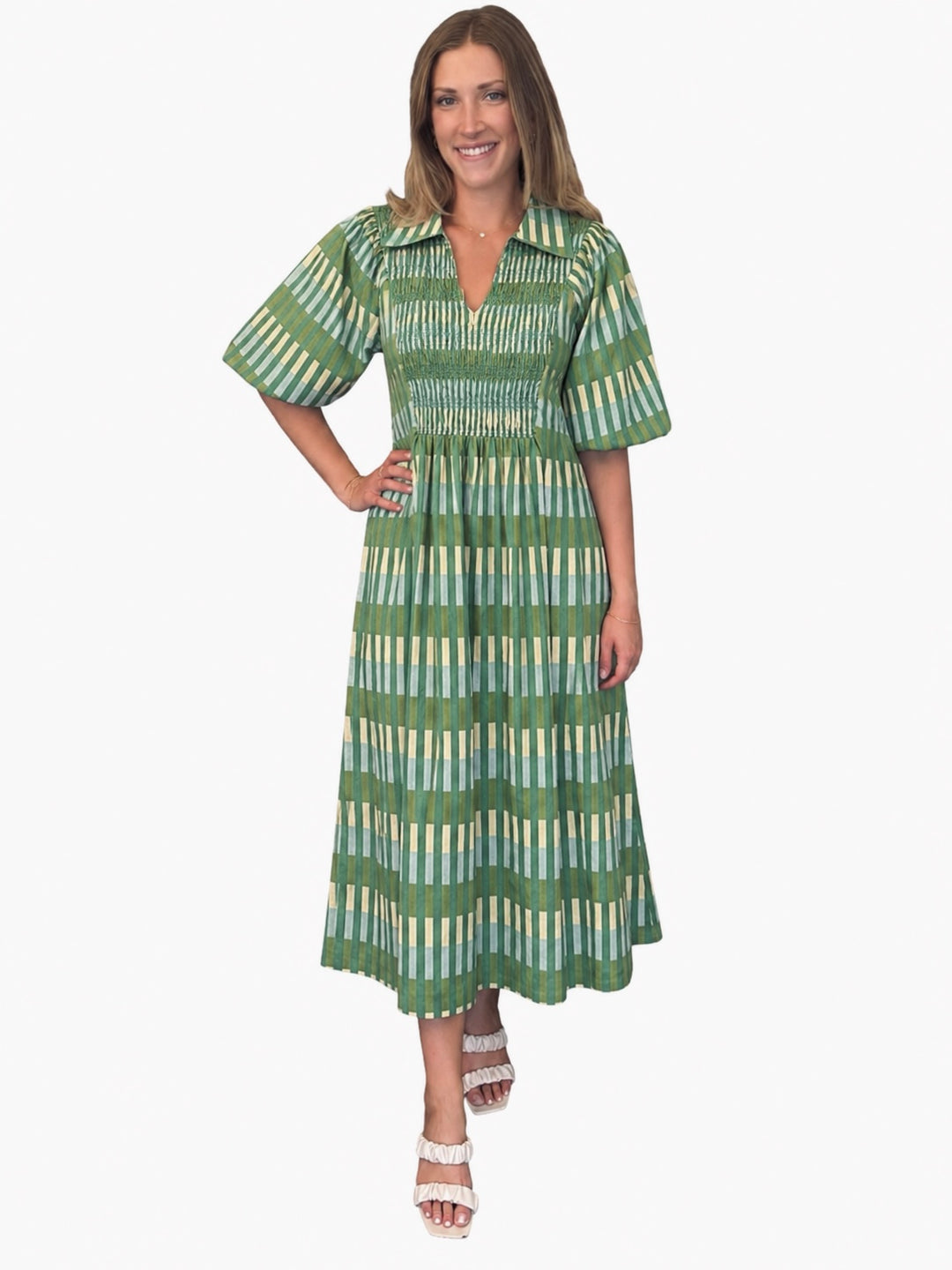 The Joanie Smocked Dress in Army Green Plaid