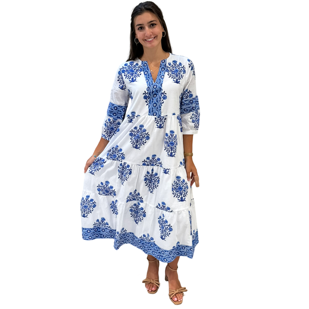 The Evie Long Dress in Blue and White Border Trimmed Floral Hand-Block Printed Cotton — view 2