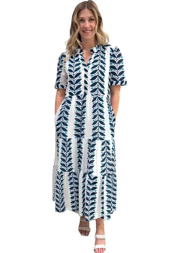 The Campbell Short Sleeve Cotton Dress in Blue Vine Print — view 4