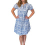 The Sydney Short Sleeve Cinch Waist Dress in Blue Geometrical Printed Cotton