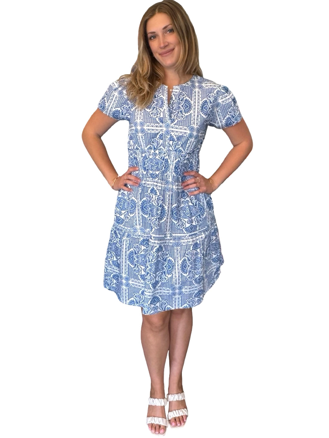 The Sydney Short Sleeve Cinch Waist Dress in Blue Geometrical Printed Cotton