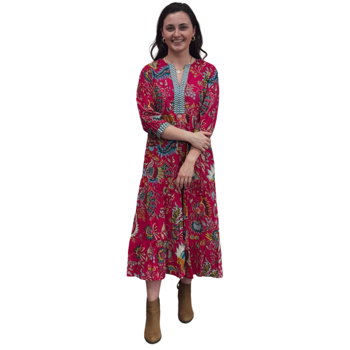 The Daniella Fuchsia Pink Hand Blocked Floral Embroidered Trim Dress — view 6