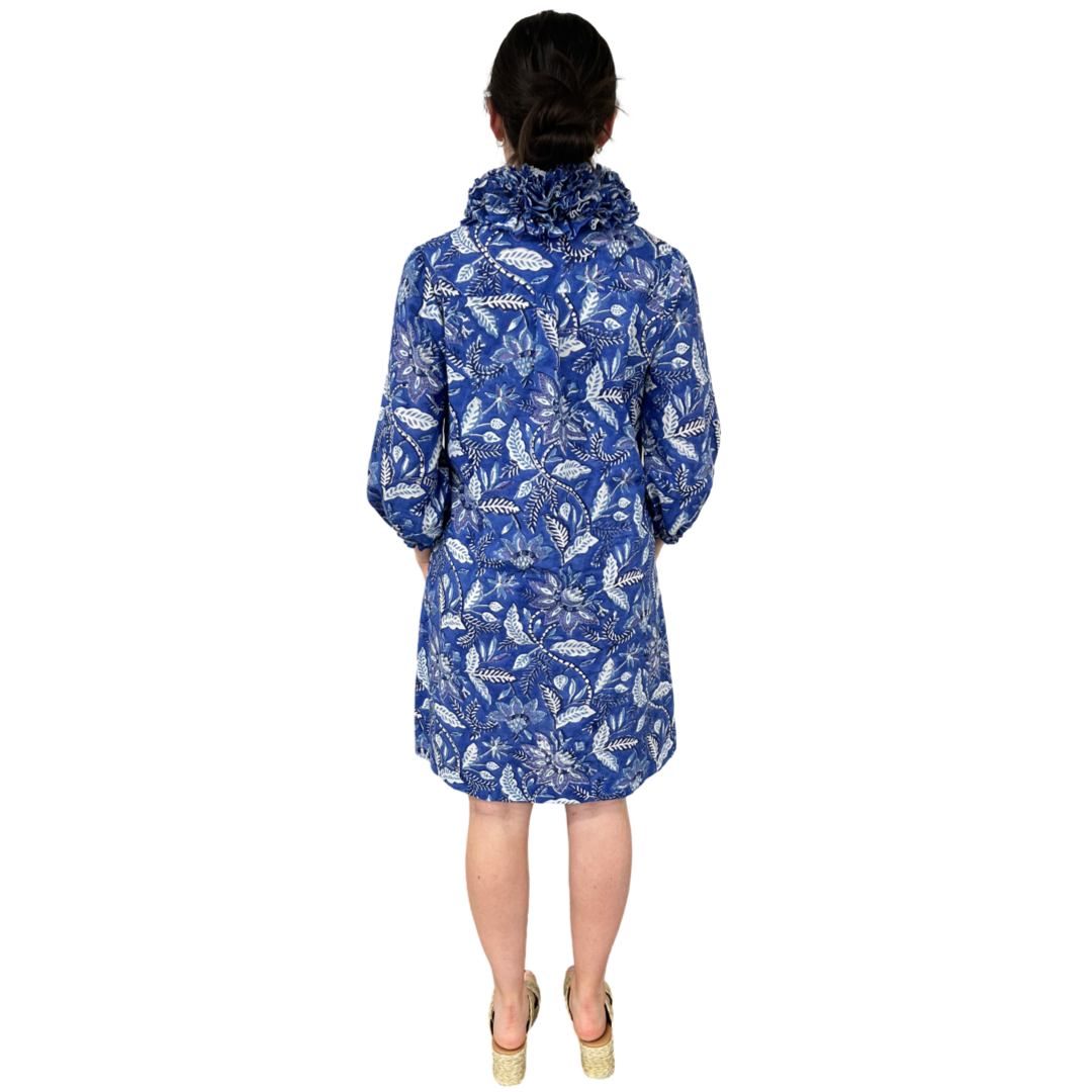 The Maria Ruffle Collar Navy Floral Cotton Hand-Block Printed Dress — view 6
