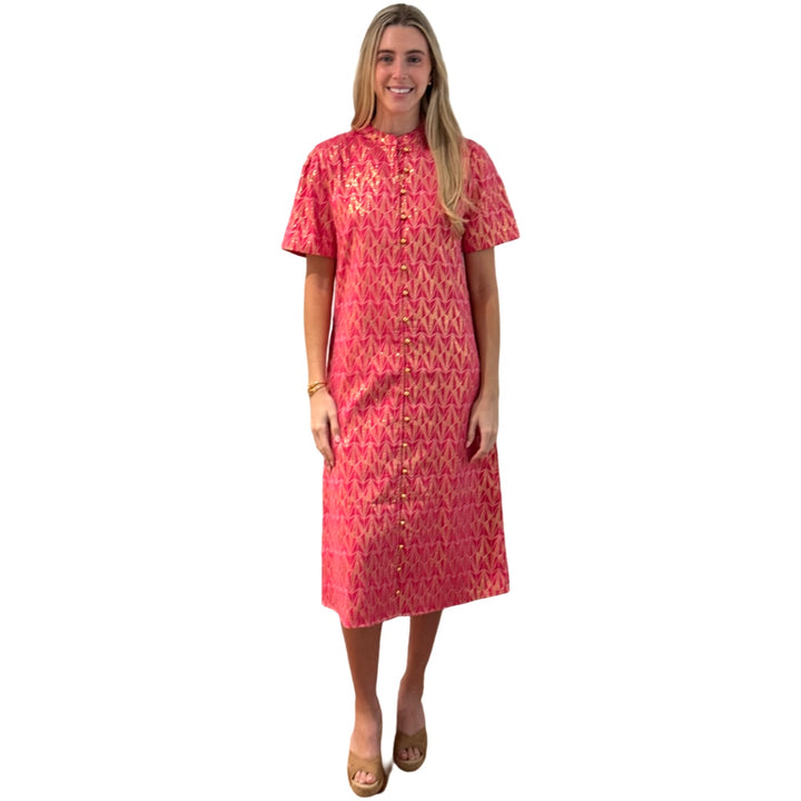 The Tabitha Button Front Dress in Pink and Gold Jacquard — view 3
