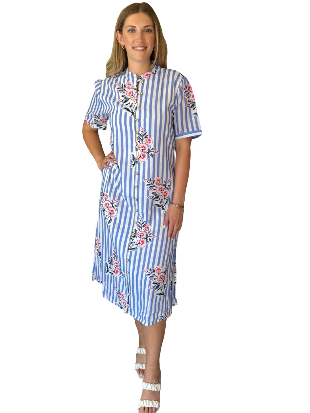 The Tabitha Short Sleeve Cotton Button Front Dress in Periwinkle Striped Floral