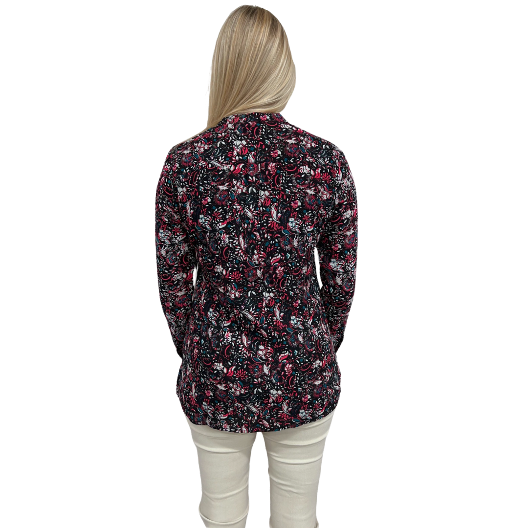 The Gretchen Button Front Top in Black and Cranberry Floral Rayon Crepe — view 5