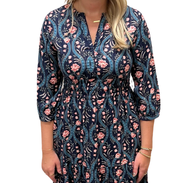 The Sydney Long Length Cinched Waist Dress in Navy Lurex Floral — view 5