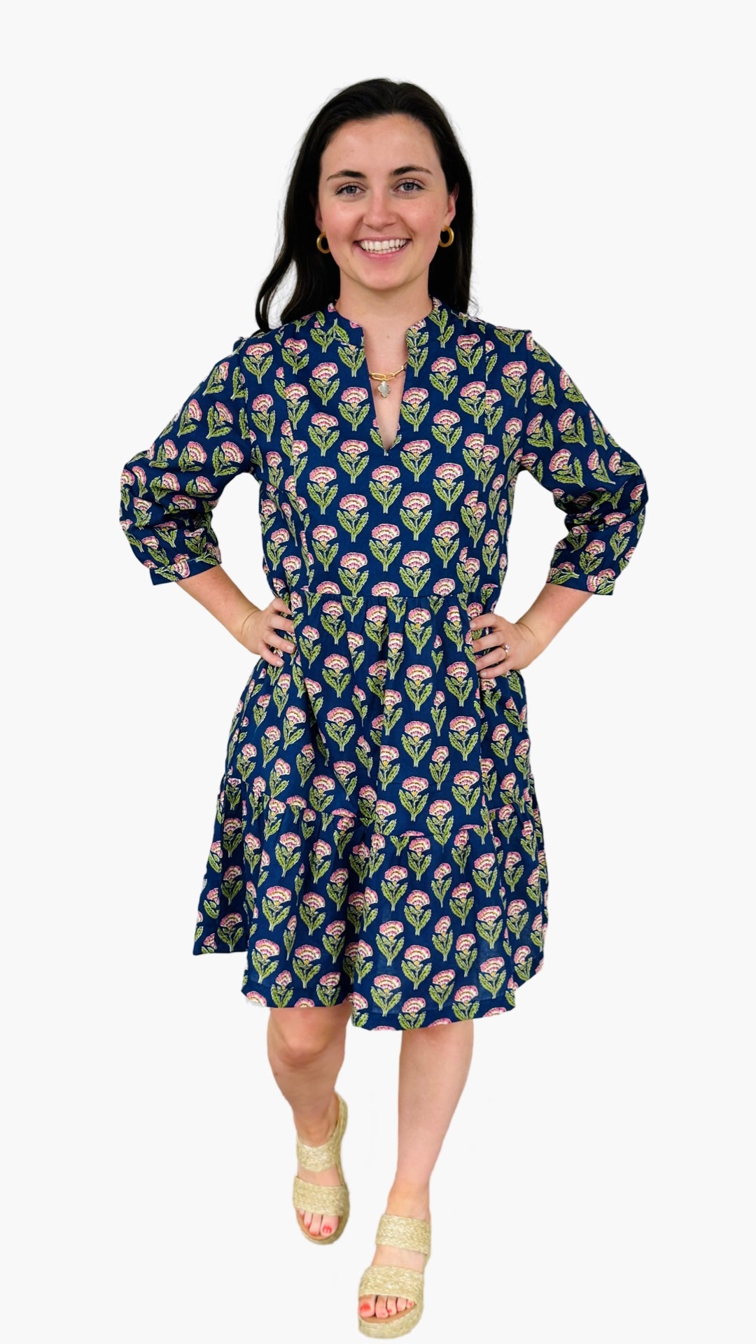 The Preston Hand Block Blue Pink Cotton Floral Dress