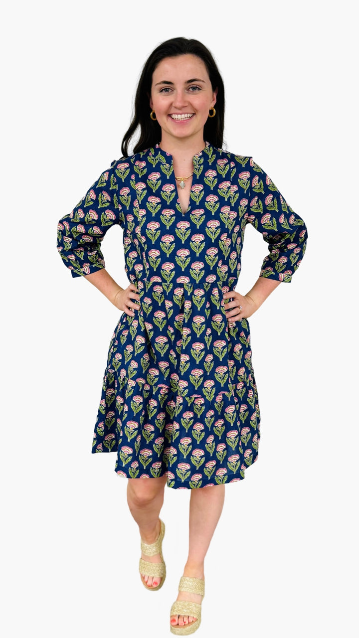 The Preston Hand Block Blue Pink Cotton Floral Dress