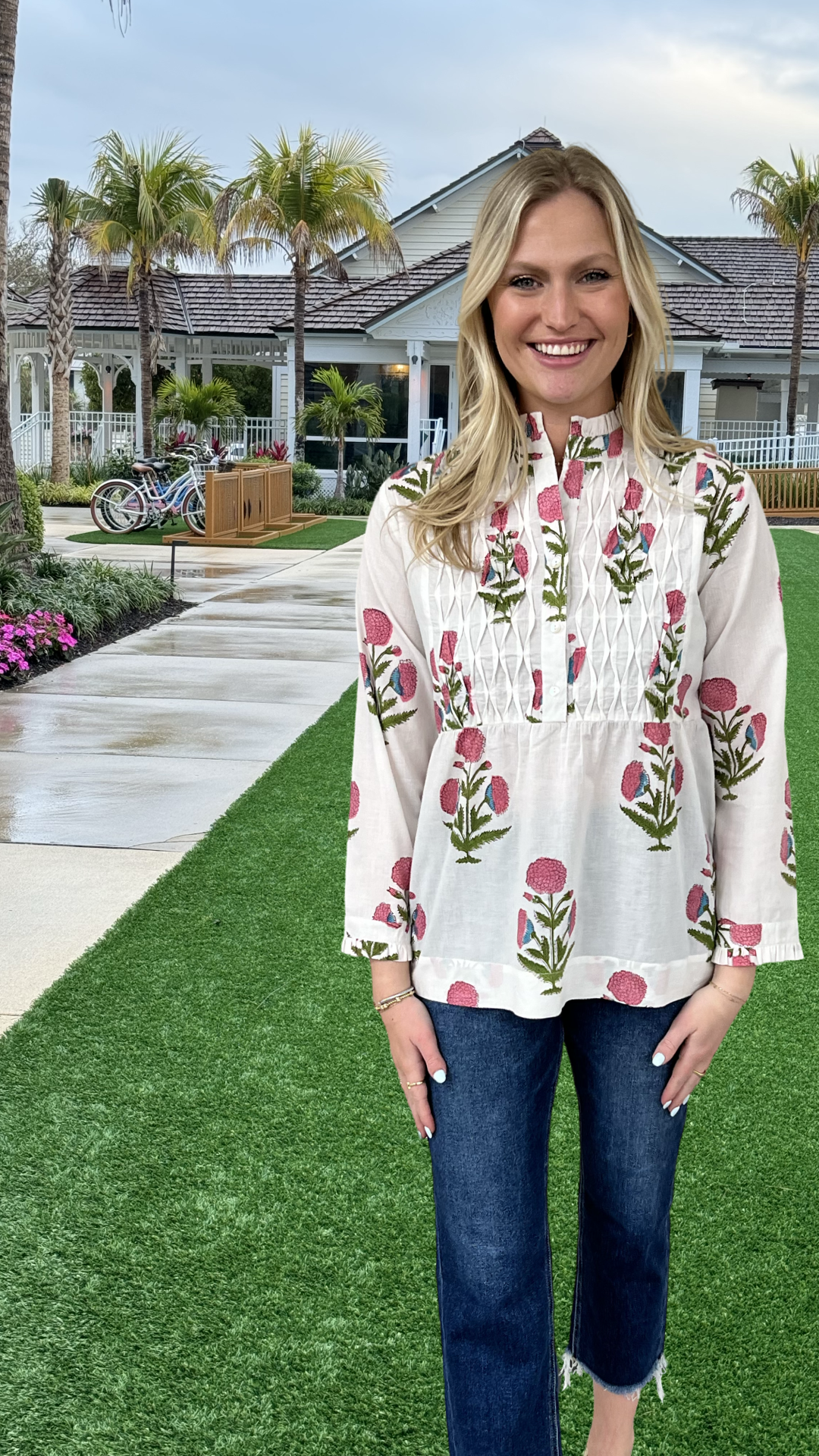 The Veronica Smocked Button Front Top in Hand-Blocked Cotton Floral — view 7