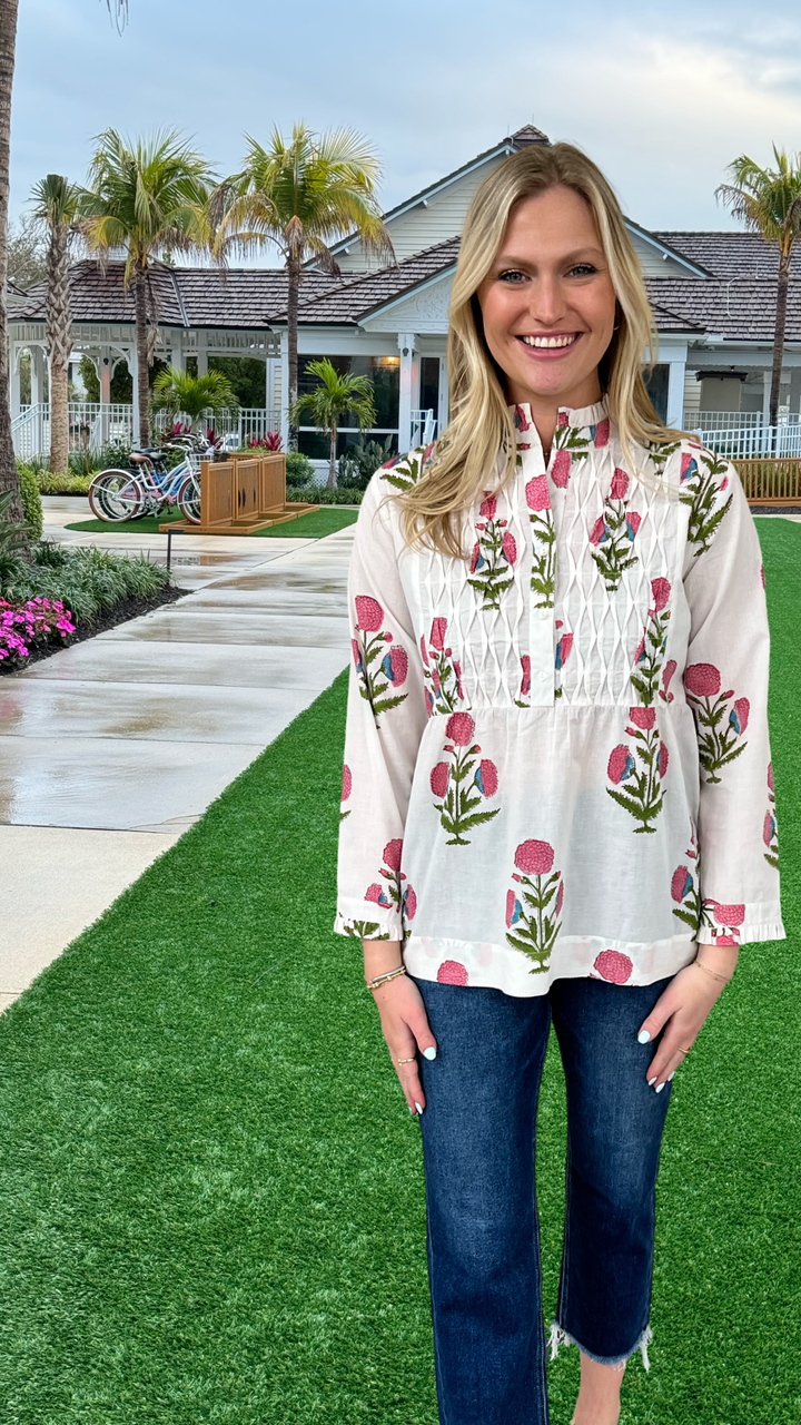 The Veronica Smocked Button Front Top in Hand-Blocked Cotton Floral — view 7