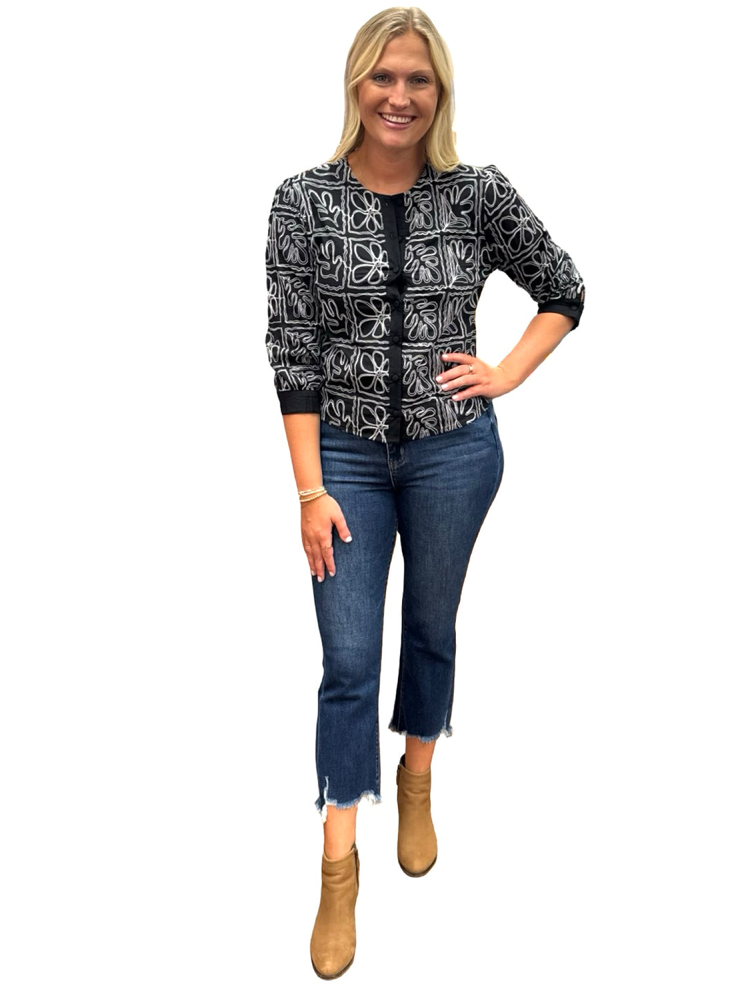 The McKenna Top in Black White Embroidered Cotton