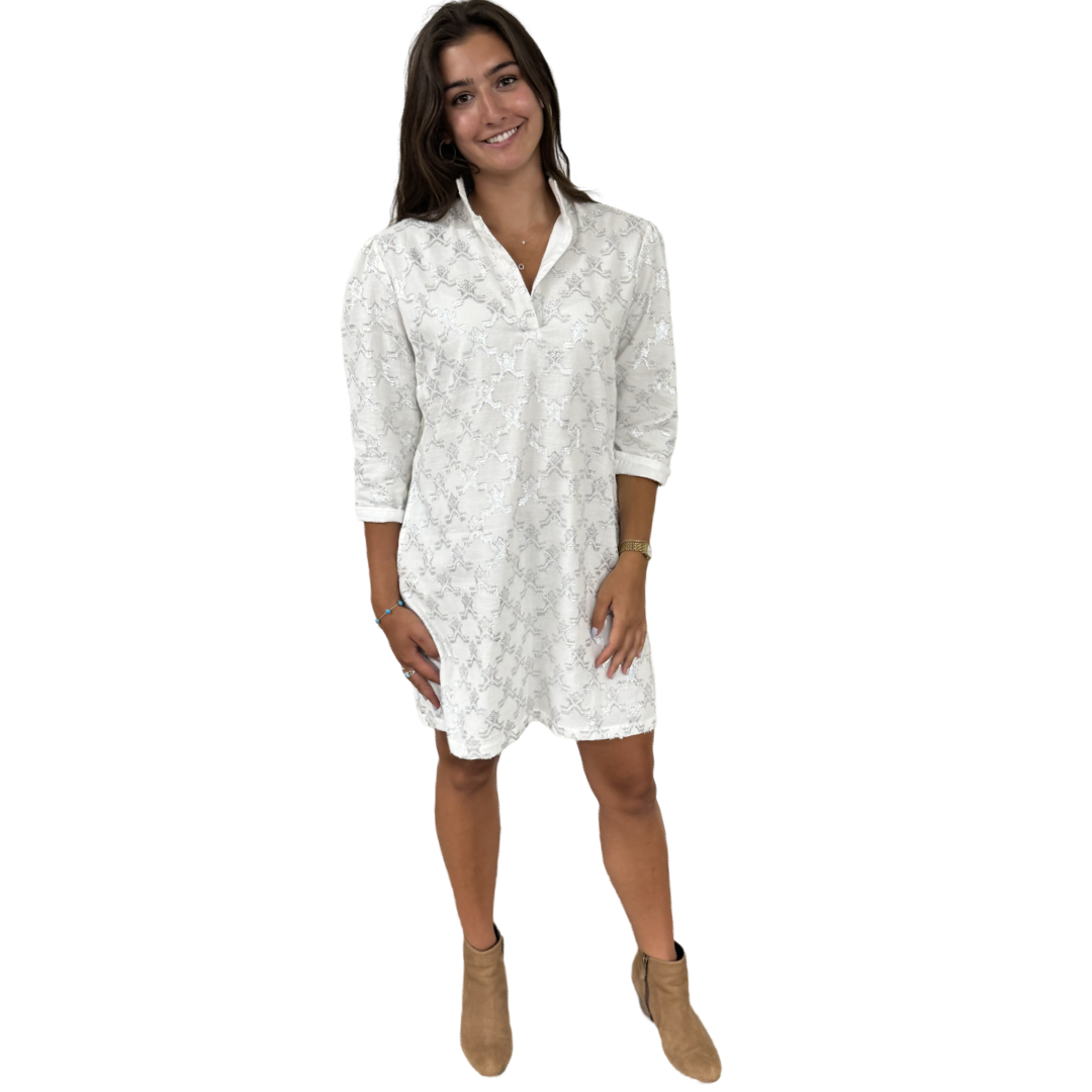 The Shipley Stand-Up Collar Dress in Metallic White and Silver — view 7