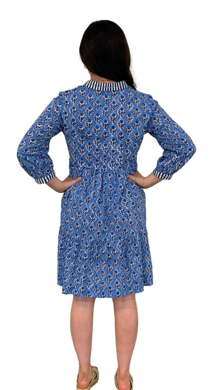 The Naomi Hand Block Printed Cotton Embroidered Dress in Brilliant Blue and White Floral — view 6