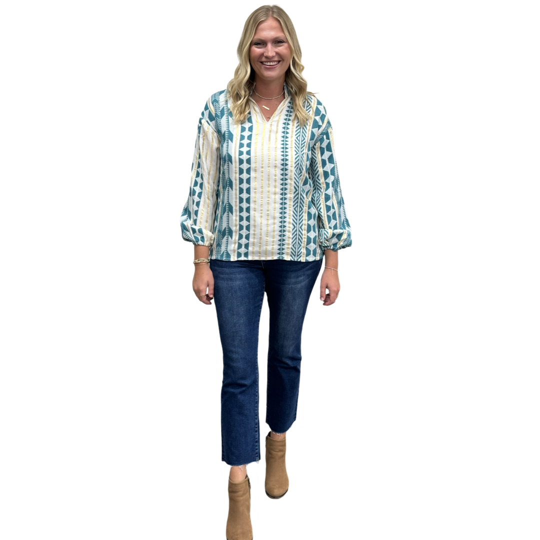 The Phoebe Emerald and Gold Cotton Jacquard Striped Top