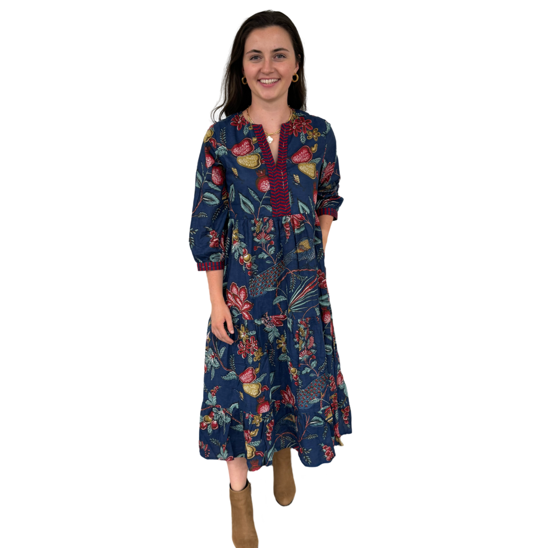 The Daniella Embroidered Trim Dress in Deep Navy Hand Blocked Floral