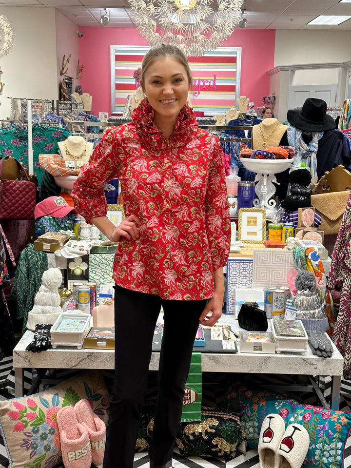 The Maria Ruffle Neck Top in Red and Pink Block Print Floral — view 8
