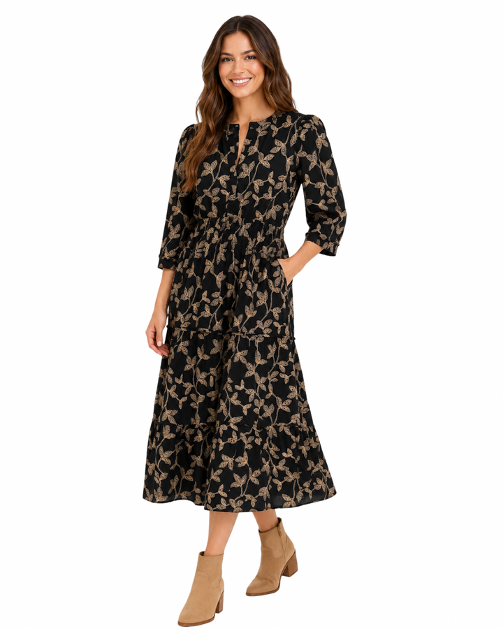 The Sydney Cinch Waist Dress in Black and Beige Cotton