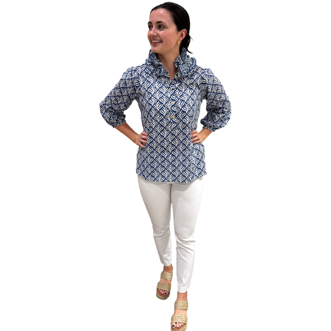 The Maria Ruffle Neck Blouse in Blue and White — view 3