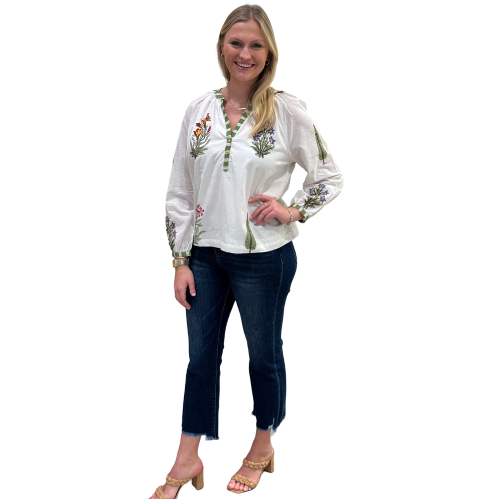 The Chandler Striped Trim Floral Hand Block Top — view 2