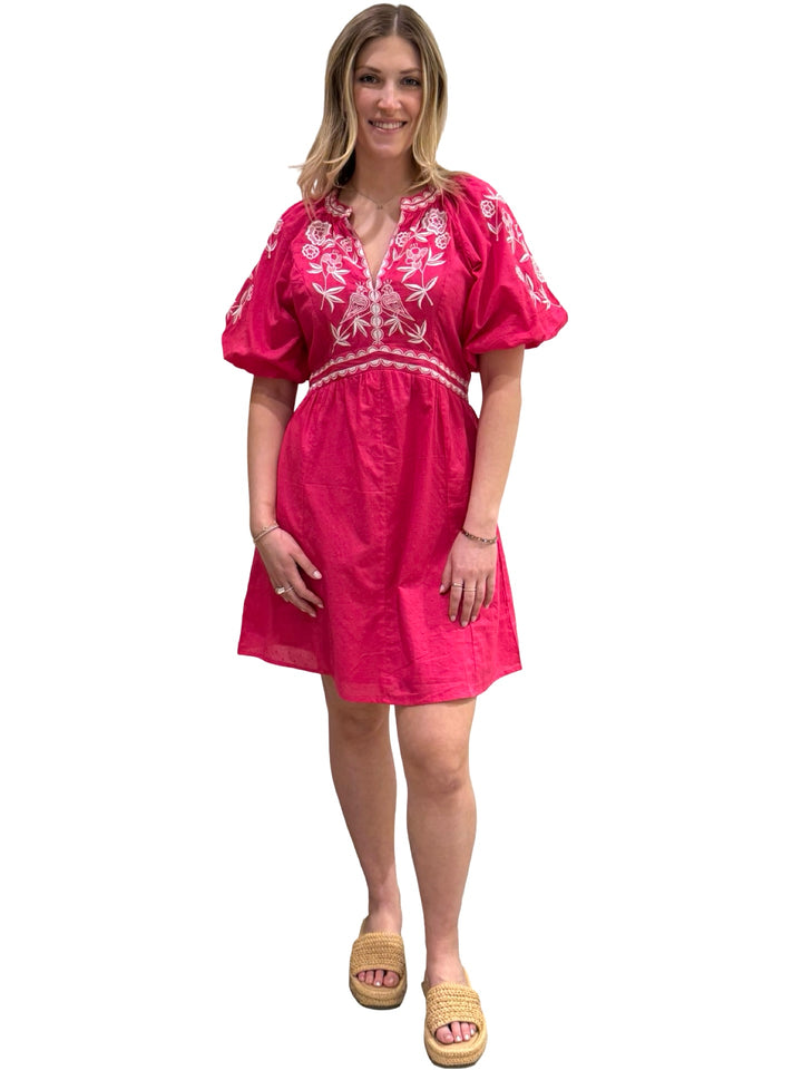 The Gabby Short Cotton Embroidered Dress in Hot Pink and White