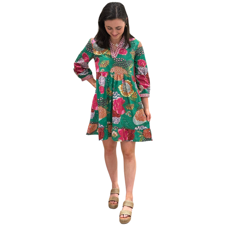 The Morley Cotton Hand Block Printed Embroidered Trim Dress in Jade — view 3
