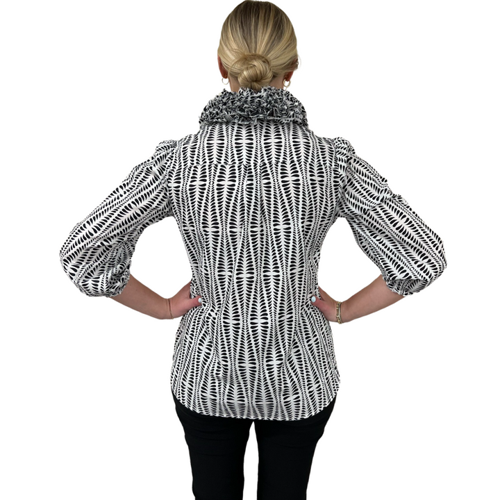 The Maria Ruffle Neck Top in White and Black Splatter Print — view 5