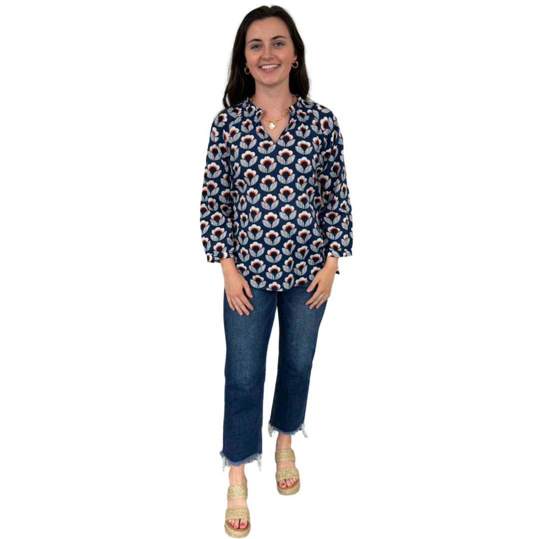The Dahlia Smocked Neck Top in Navy and Orange Floral