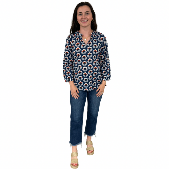 The Dahlia Smocked Neck Top in Navy and Orange Floral