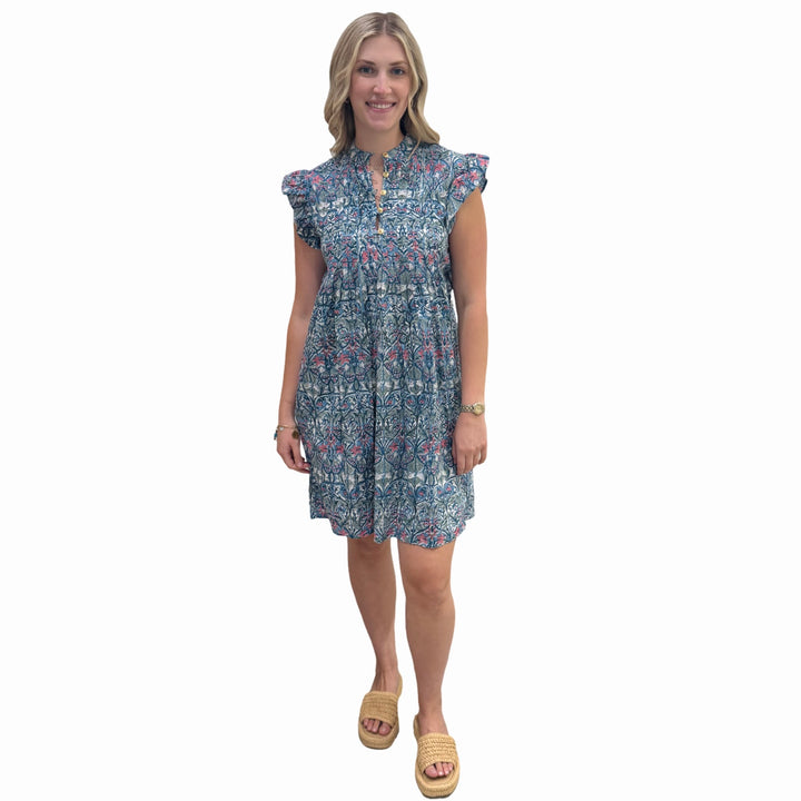 The Maggie Flutter Sleeve Dress in Blue Multi Hand Block Printed Cotton